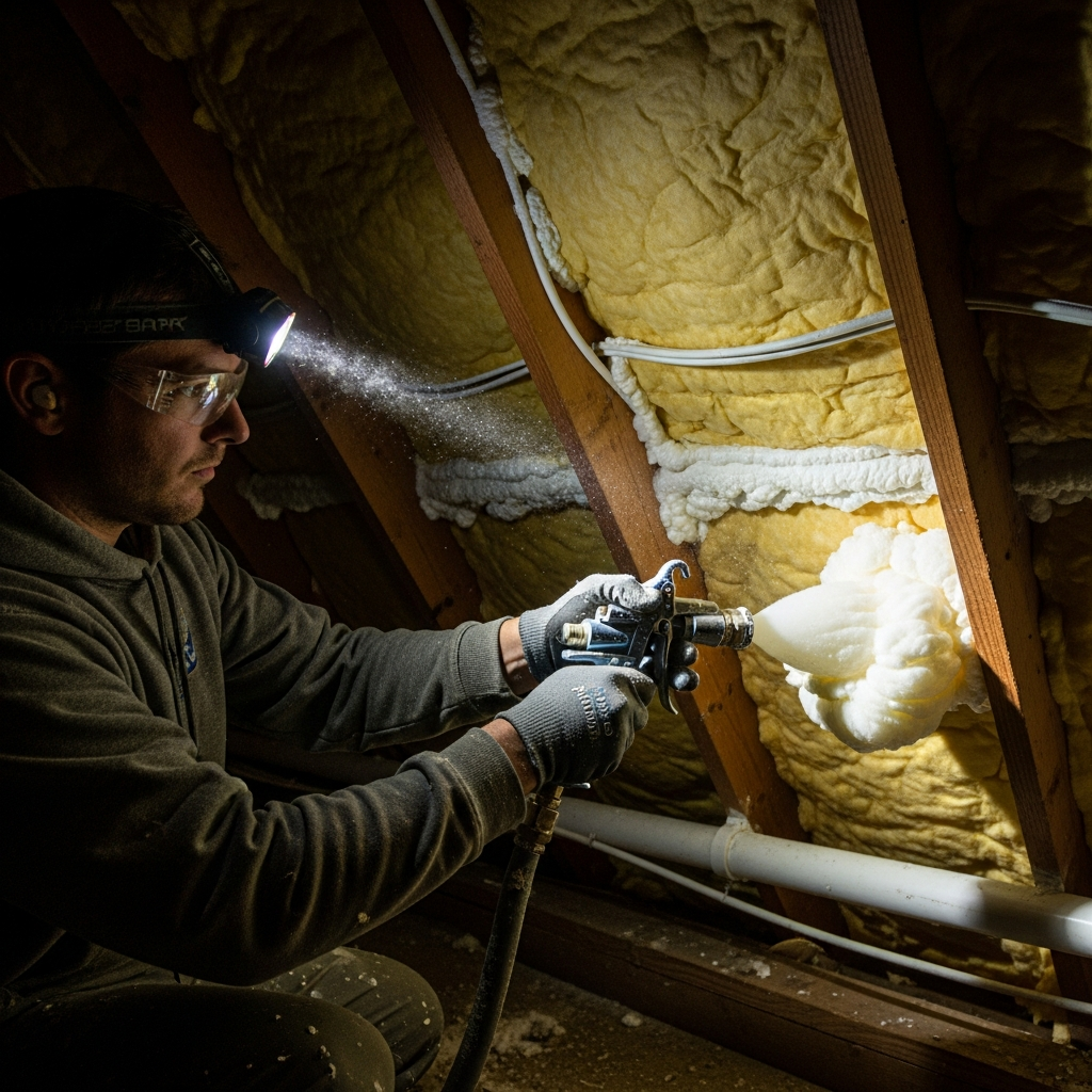Homeowner applying spray foam insulation to seal air leaks in attic — reduces heating costs by 10-20%