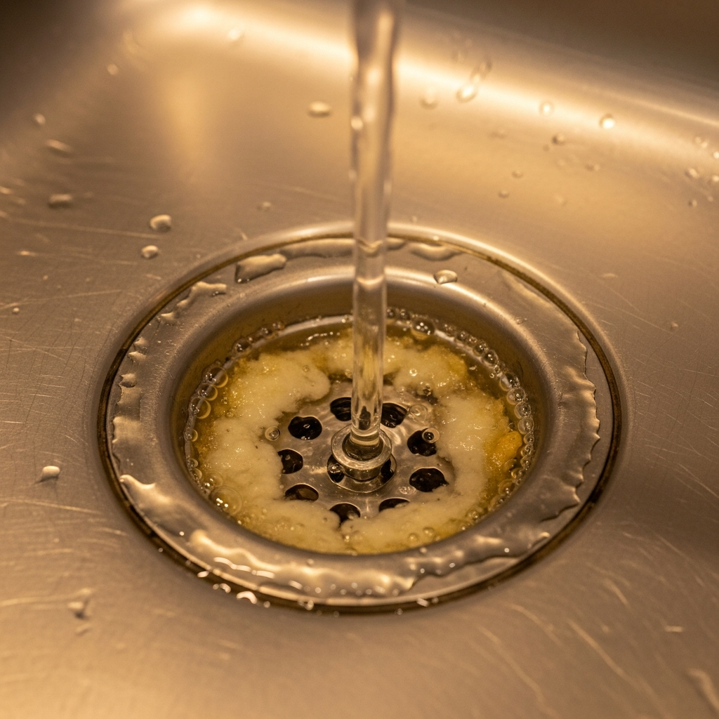 Kitchen sink drain with grease buildup causing slow drainage — most common residential plumbing problem in Indiana