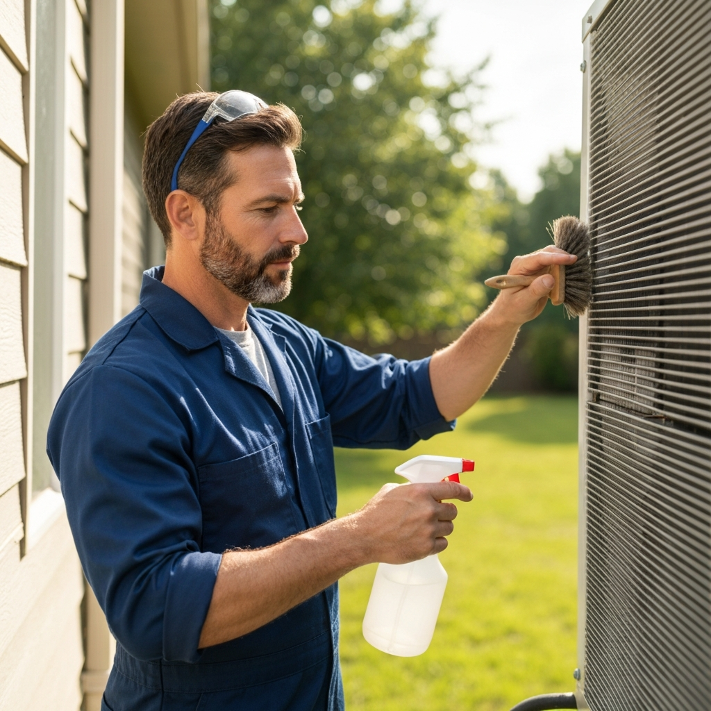 HVAC technician cleaning outdoor condenser coil during annual maintenance — dirty coils reduce efficiency by 30%