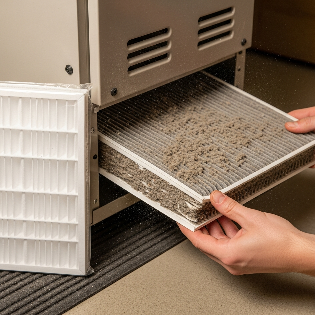 Dirty clogged HVAC air filter being removed from residential furnace — replace every 1-3 months for efficiency