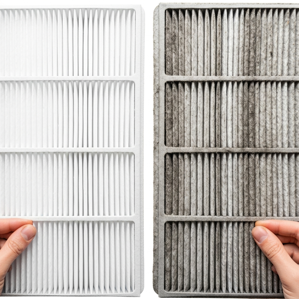 Side-by-side comparison of clean vs dirty HVAC air filter — clogged filters increase energy use by 5-15%
