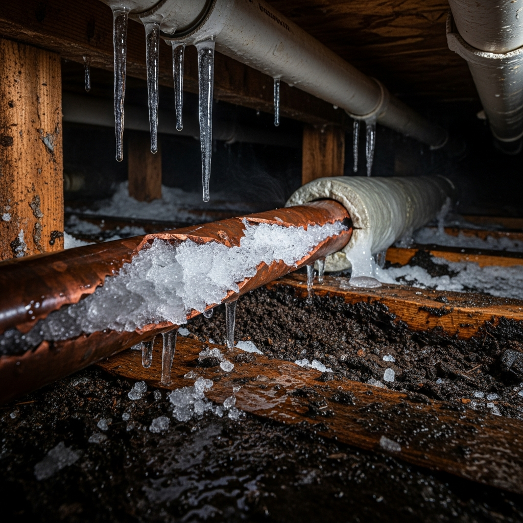 Frozen burst copper pipe in residential crawl space during Northeast Indiana winter — prevention tips inside