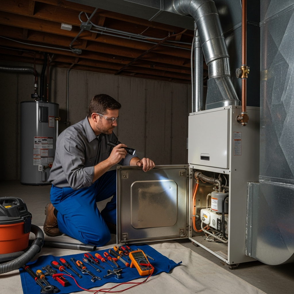 HVAC technician performing annual fall furnace tune-up and safety inspection in Northeast Indiana home