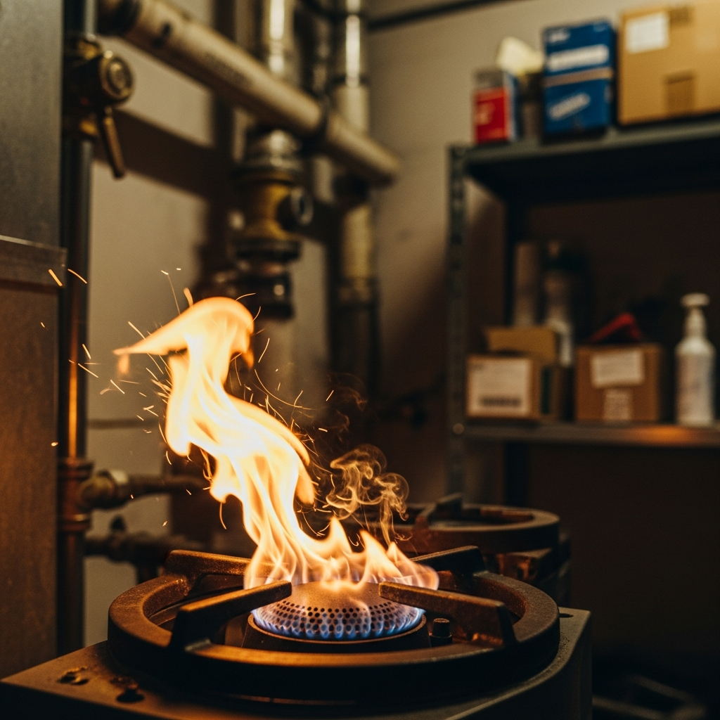 Gas furnace burner with yellow flame indicating incomplete combustion and potential carbon monoxide risk