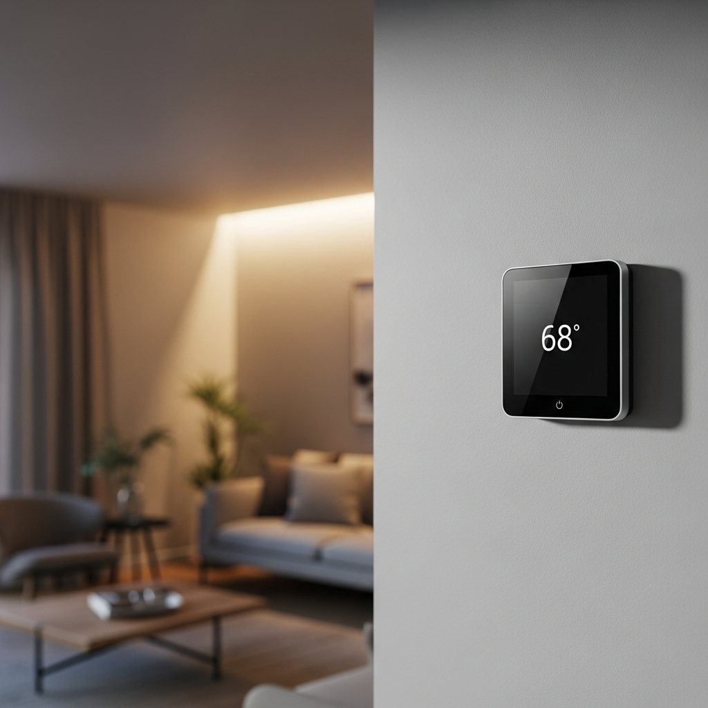 Smart thermostat on wall displaying energy-efficient temperature setting — programmable schedules save 10% on heating and cooling