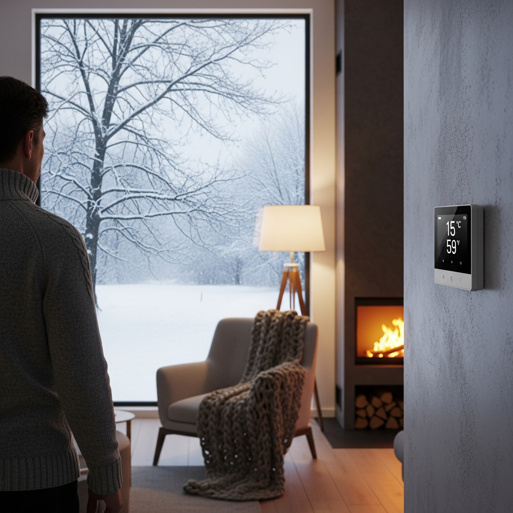 Homeowner checking thermostat showing low temperature during cold Indiana winter — sign of furnace problems