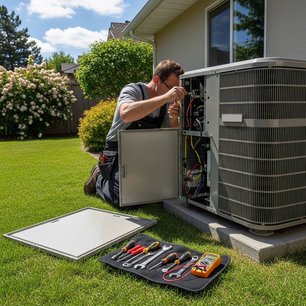 AC technician servicing outdoor condenser unit during annual cooling tune-up in Northeast Indiana