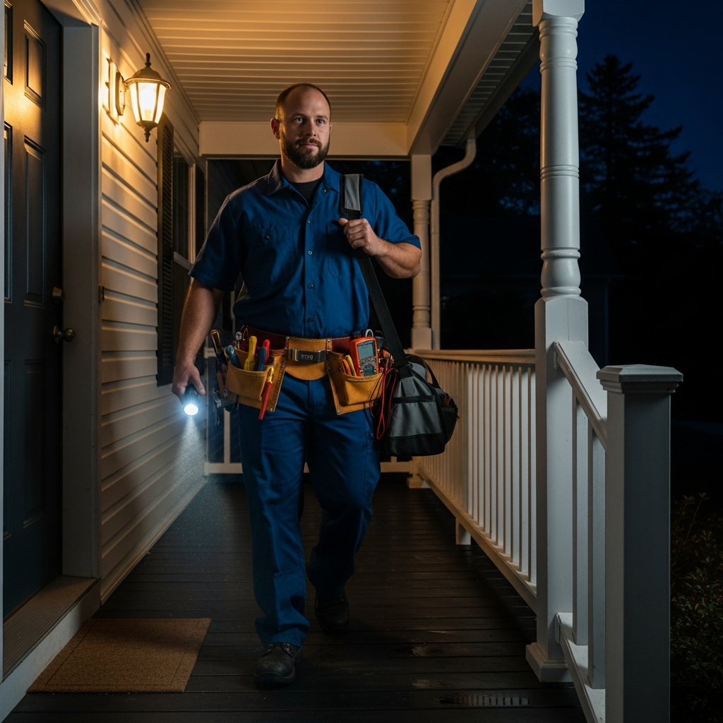 Emergency HVAC technician arriving at residential home at night for urgent furnace repair in Northeast Indiana
