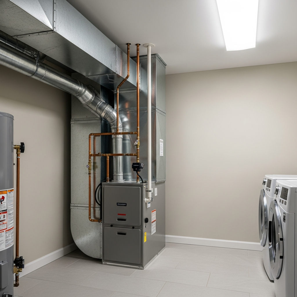 New high-efficiency gas furnace professionally installed in a Northeast Indiana home with proper ductwork connections