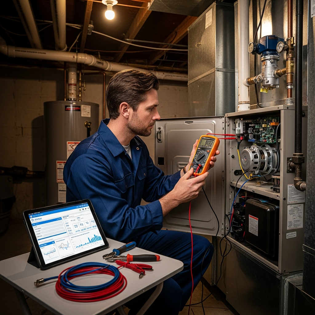 Licensed HVAC technician performing diagnostic testing on residential furnace in DeKalb County Indiana