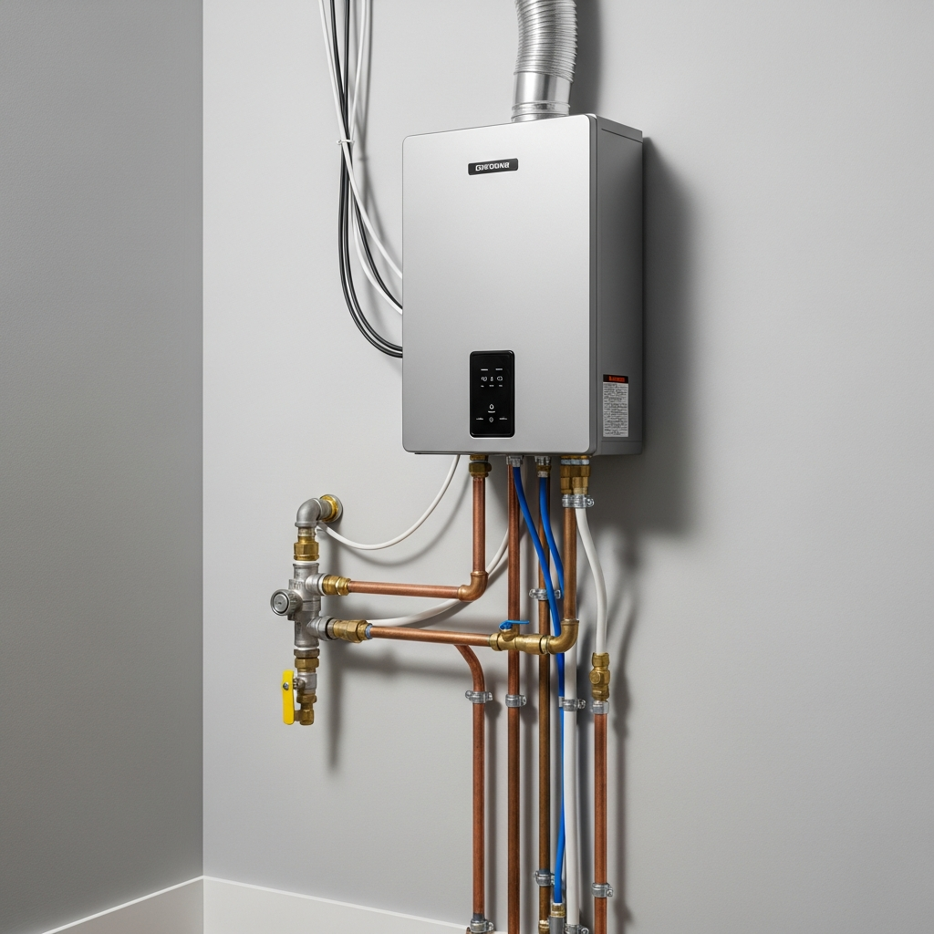 Modern tankless water heater professionally mounted on wall with clean pipe connections in Northeast Indiana home